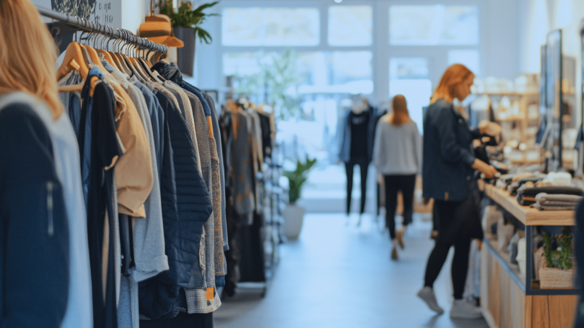 Customers shopping in an apparel retail store while interacting with the Zoku Point of Sale at the checkout counter.