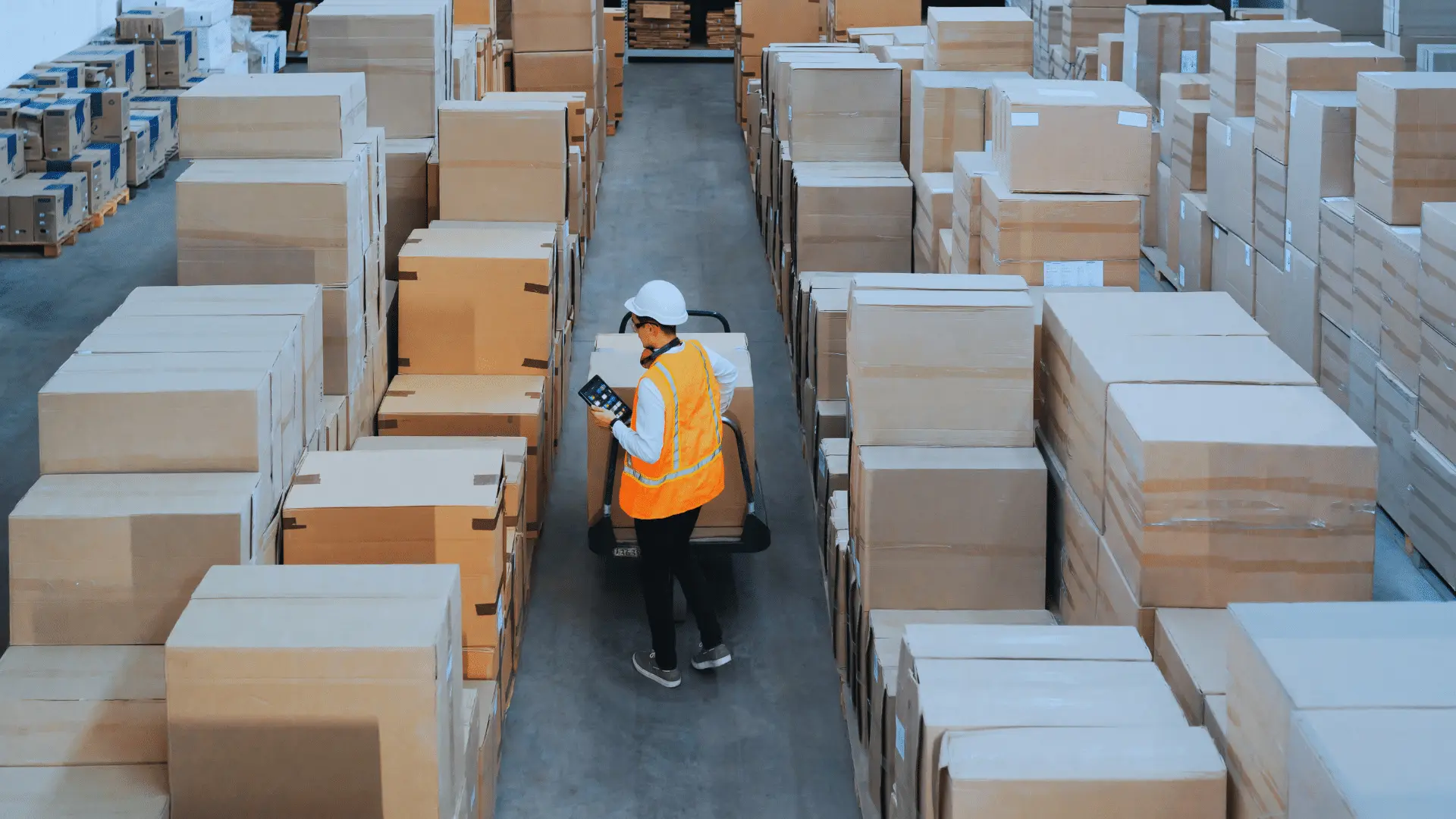 A wholesale distribution setting where a warehouse associate usies a tablet to manage stocks with the Zoku Inventory Management App.